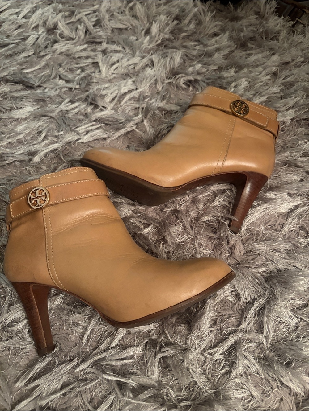 Tory Burch Tan Leather Ankle Booties with Logo Medallion